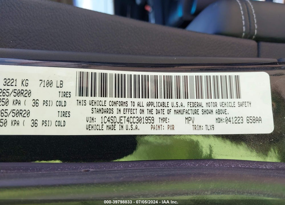 2012 DODGE DURANGO CITADEL VIN: 1C4SDJET4CC301959