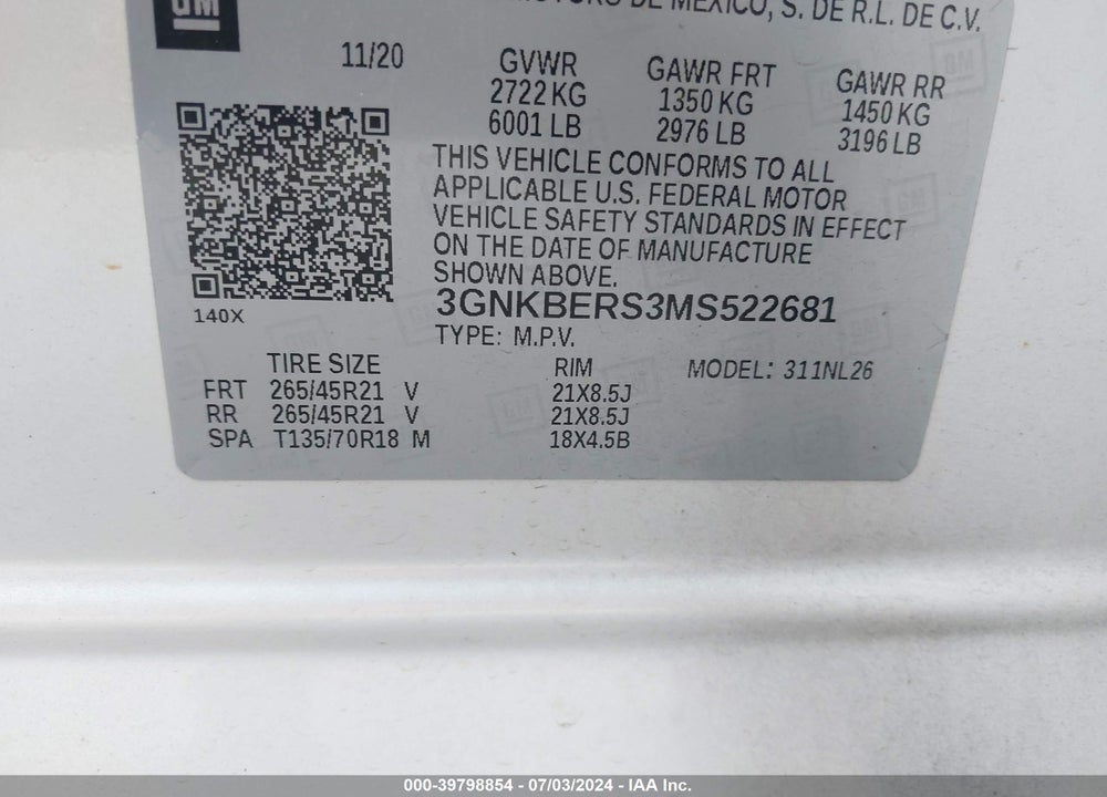 2021 CHEVROLET BLAZER FWD RS VIN: 3GNKBERS3MS522681