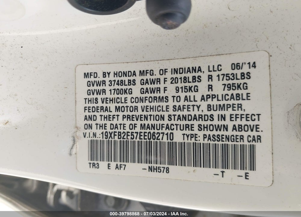 2014 HONDA CIVIC LX VIN: 19XFB2F57EE062710