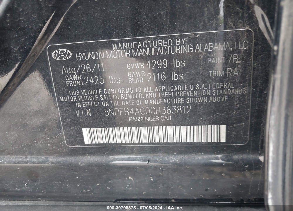 2012 HYUNDAI SONATA GLS VIN: 5NPEB4AC0CH363812