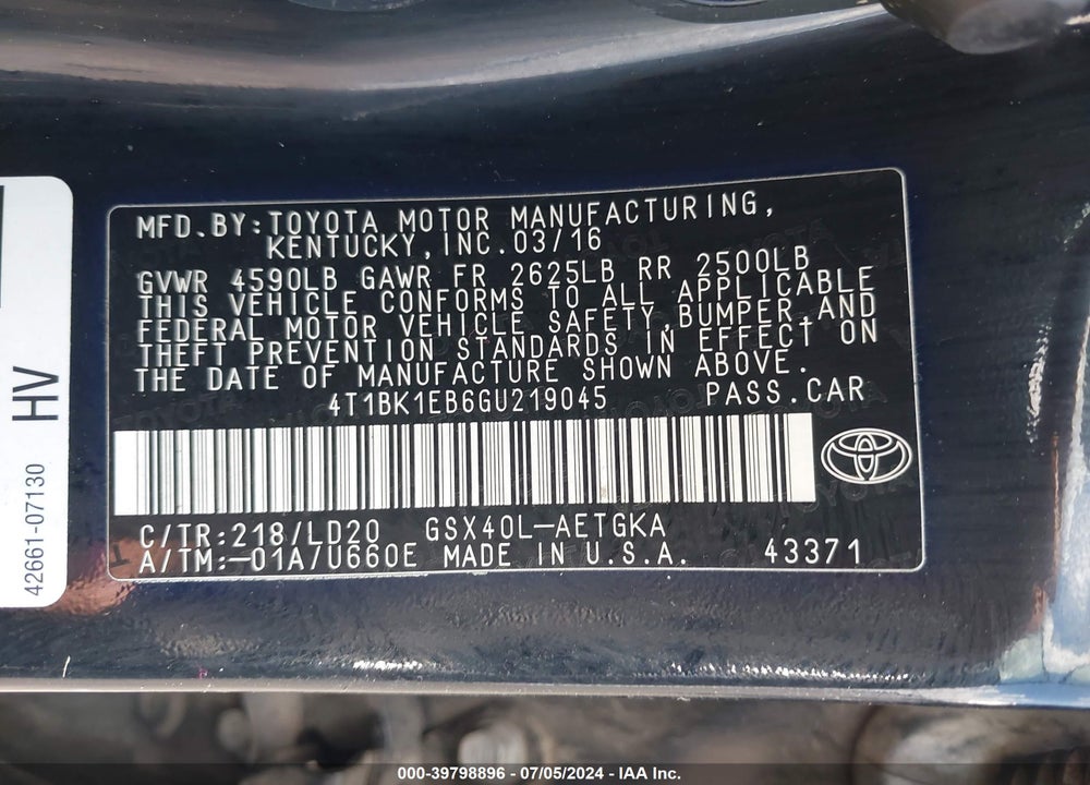 2016 TOYOTA AVALON XLE VIN: 4T1BK1EB6GU219045