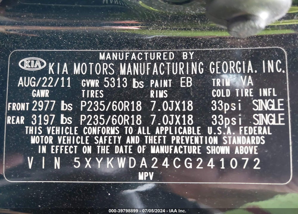 2012 KIA SORENTO SX V6 VIN: 5XYKWDA24CG241072