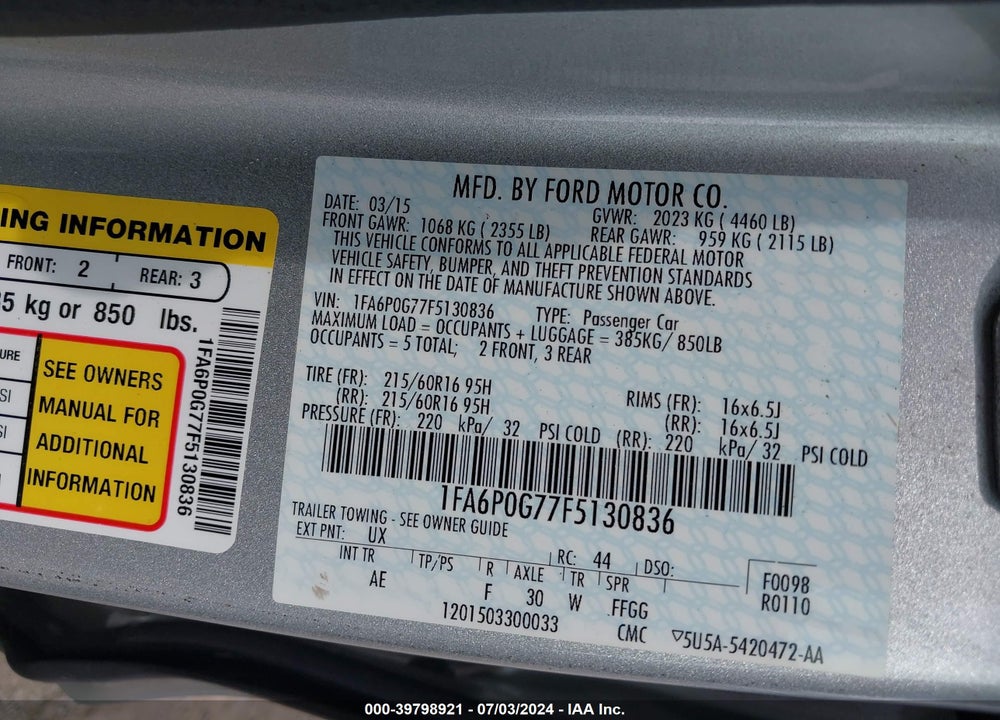 2015 FORD FUSION S VIN: 1FA6P0G77F5130836