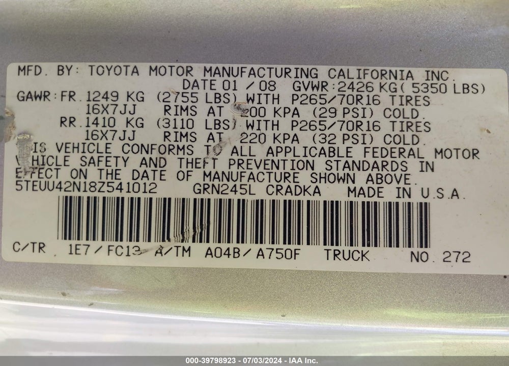 2008 TOYOTA TACOMA BASE V6 VIN: 5TEUU42N18Z541012