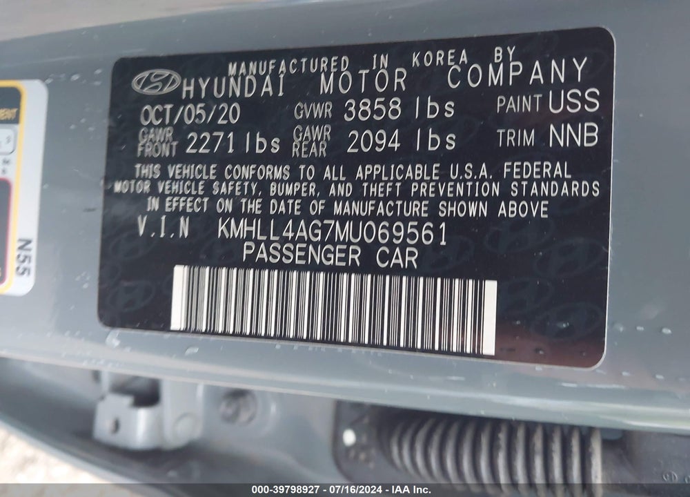 2021 HYUNDAI ELANTRA VIN: KMHLL4AG7MU069561