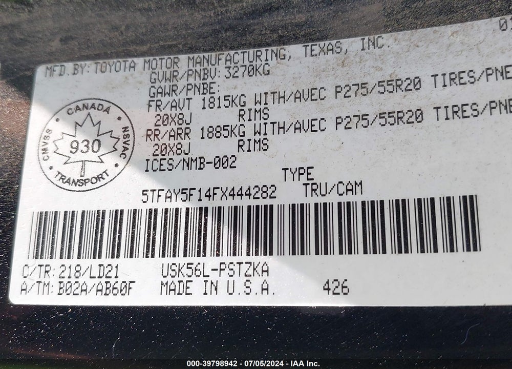 2015 TOYOTA TUNDRA PLATINUM 5.7L V8 VIN: 5TFAY5F14FX444282