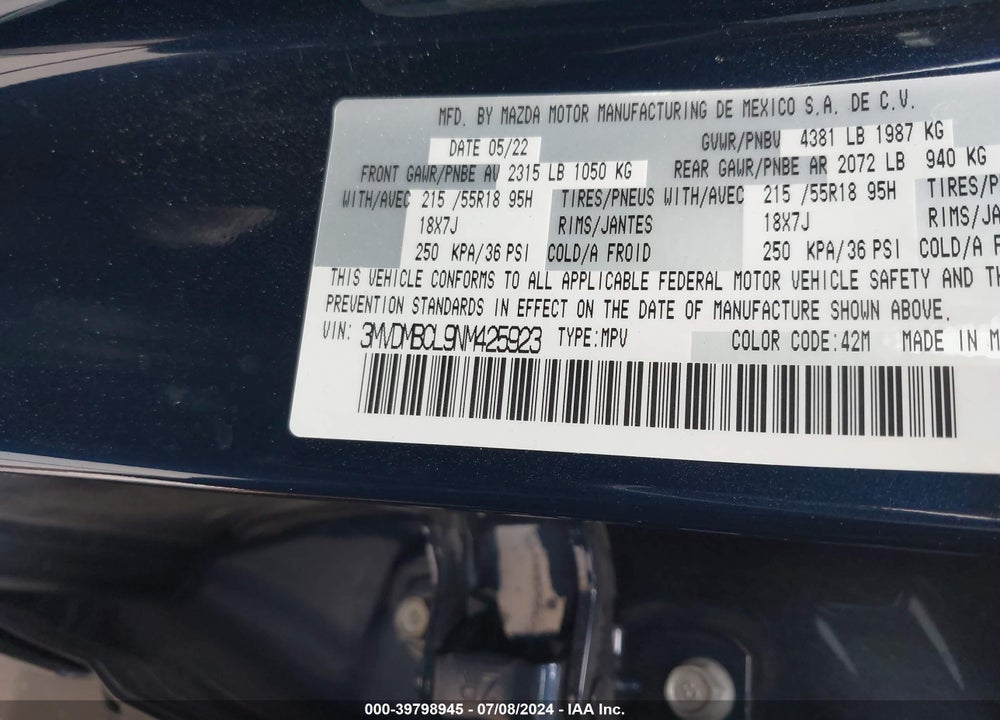 2022 MAZDA CX-30 PREFERRED VIN: 3MVDMBCL9NM425923
