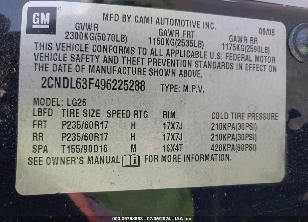 2009 CHEVROLET EQUINOX LT VIN: 2CNDL63F496225288