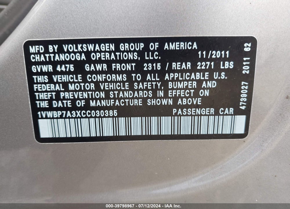 2012 VOLKSWAGEN PASSAT 2.5L SE VIN: 1VWBP7A3XCC030385