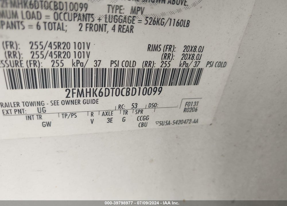 2012 FORD FLEX TITANIUM VIN: 2FMHK6DT0CBD10099