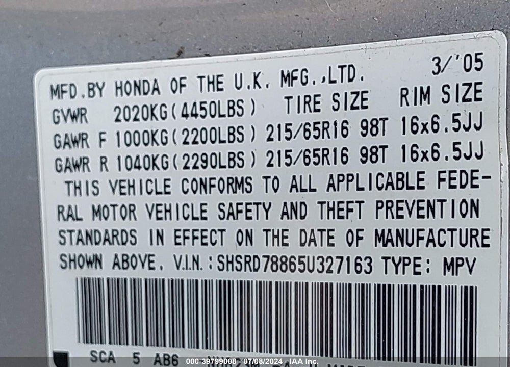 2005 HONDA CR-V EX VIN: SHSRD78865U327163