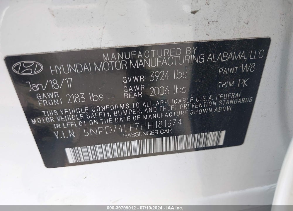 2017 HYUNDAI ELANTRA SE VIN: 5NPD74LF7HH181374