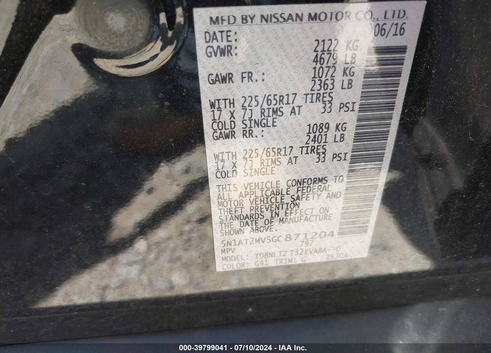 2016 NISSAN ROGUE VIN: 5N1AT2MV5GC871204