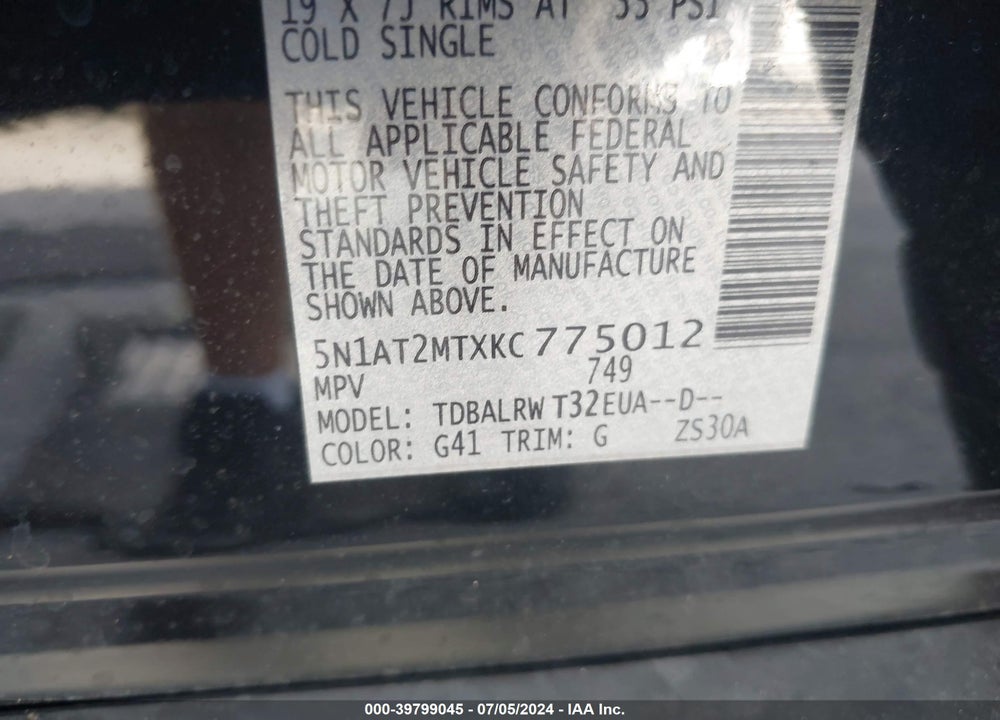 2019 NISSAN ROGUE SL VIN: 5N1AT2MTXKC775012
