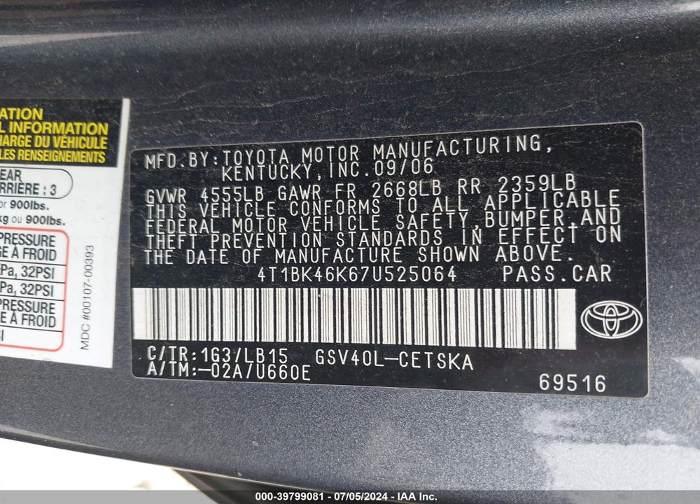 2007 TOYOTA CAMRY SE V6 VIN: 4T1BK46K67U525064