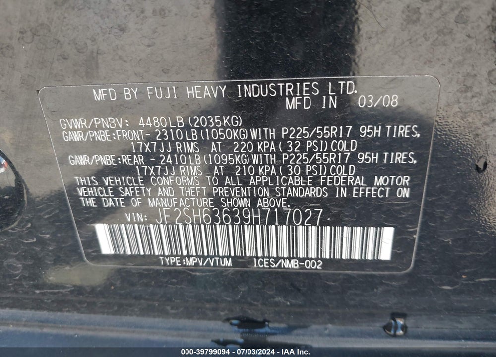 2009 SUBARU FORESTER 2.5X VIN: JF2SH63639H717027