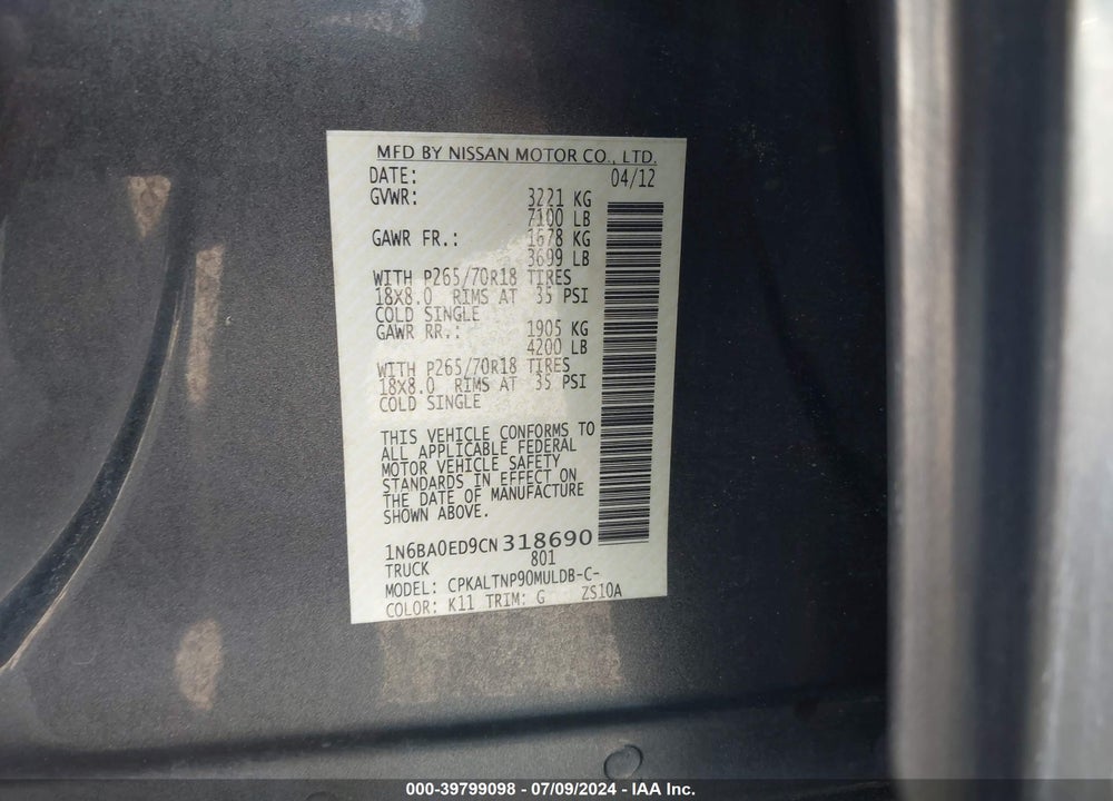 2012 NISSAN TITAN SV VIN: 1N6BA0ED9CN318690