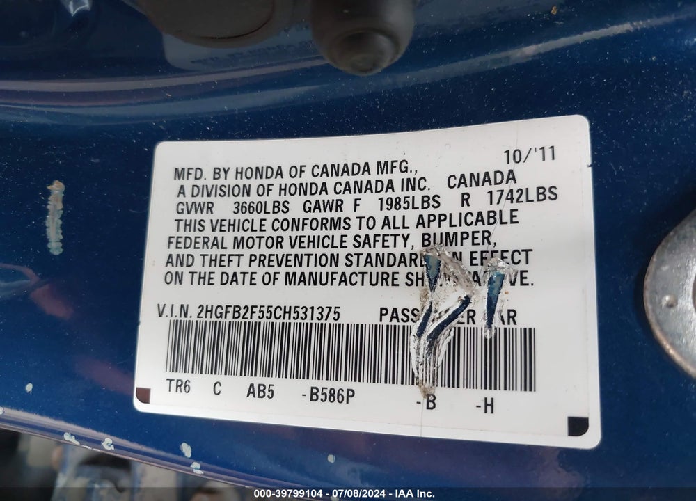 2012 HONDA CIVIC LX VIN: 2HGFB2F55CH531375