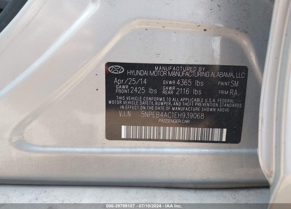 2014 HYUNDAI SONATA GLS VIN: 5NPEB4AC1EH939068