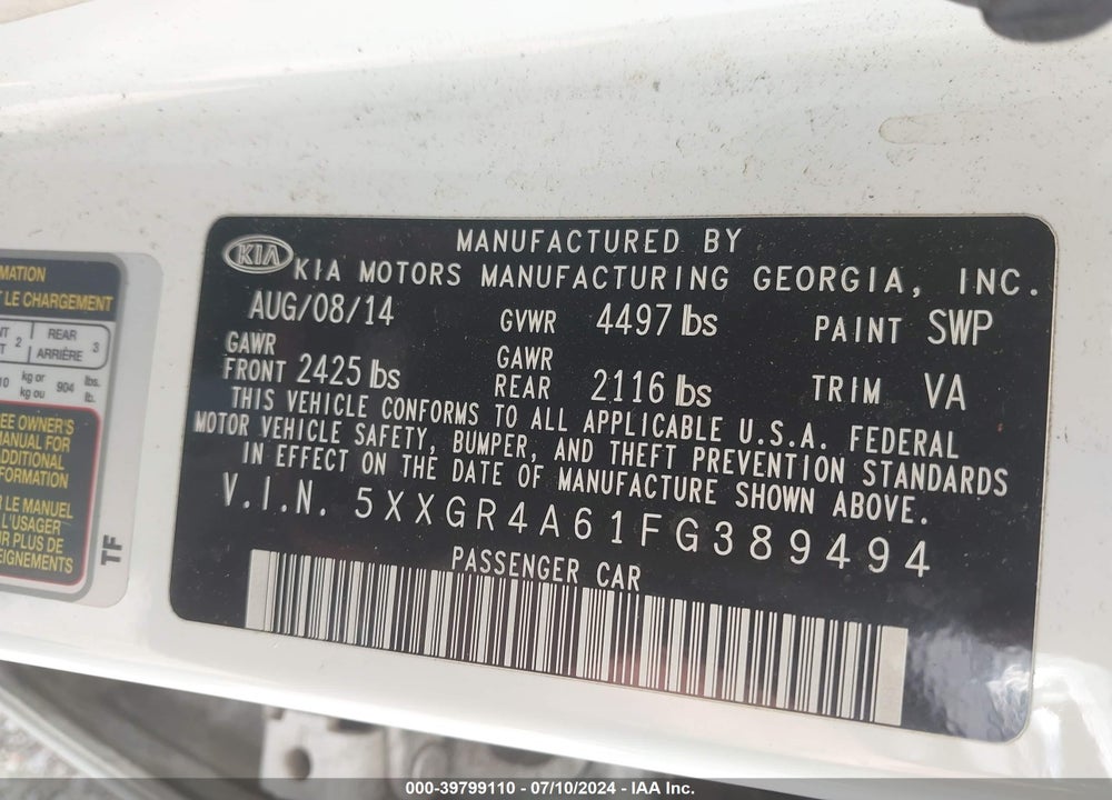 2015 KIA OPTIMA SXL TURBO VIN: 5XXGR4A61FG389494