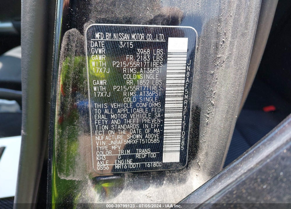 2015 NISSAN JUKE S VIN: JN8AF5MRXFT510585