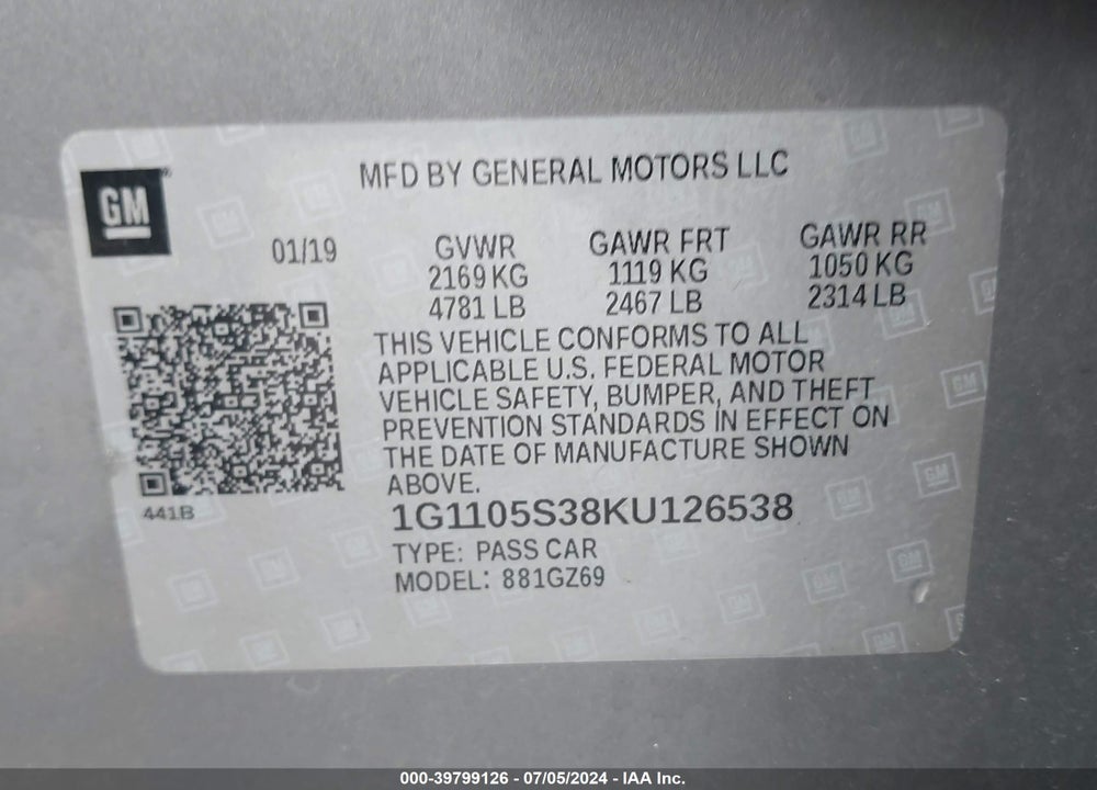 2019 CHEVROLET IMPALA PREMIER VIN: 1G1105S38KU126538