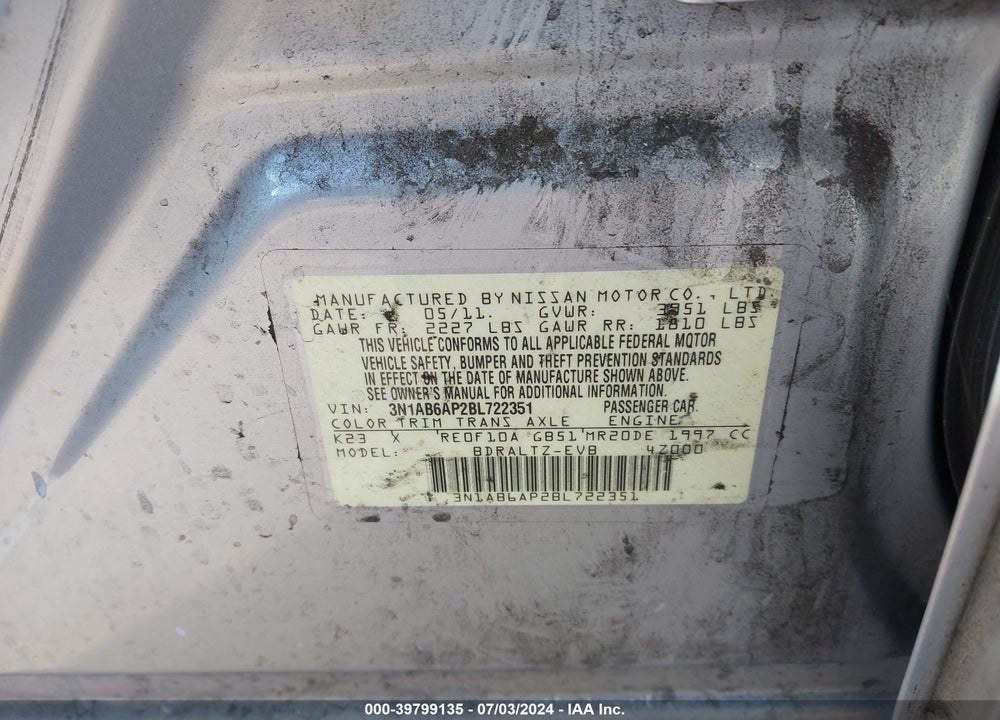 2011 NISSAN SENTRA 2.0S VIN: 3N1AB6AP2BL722351