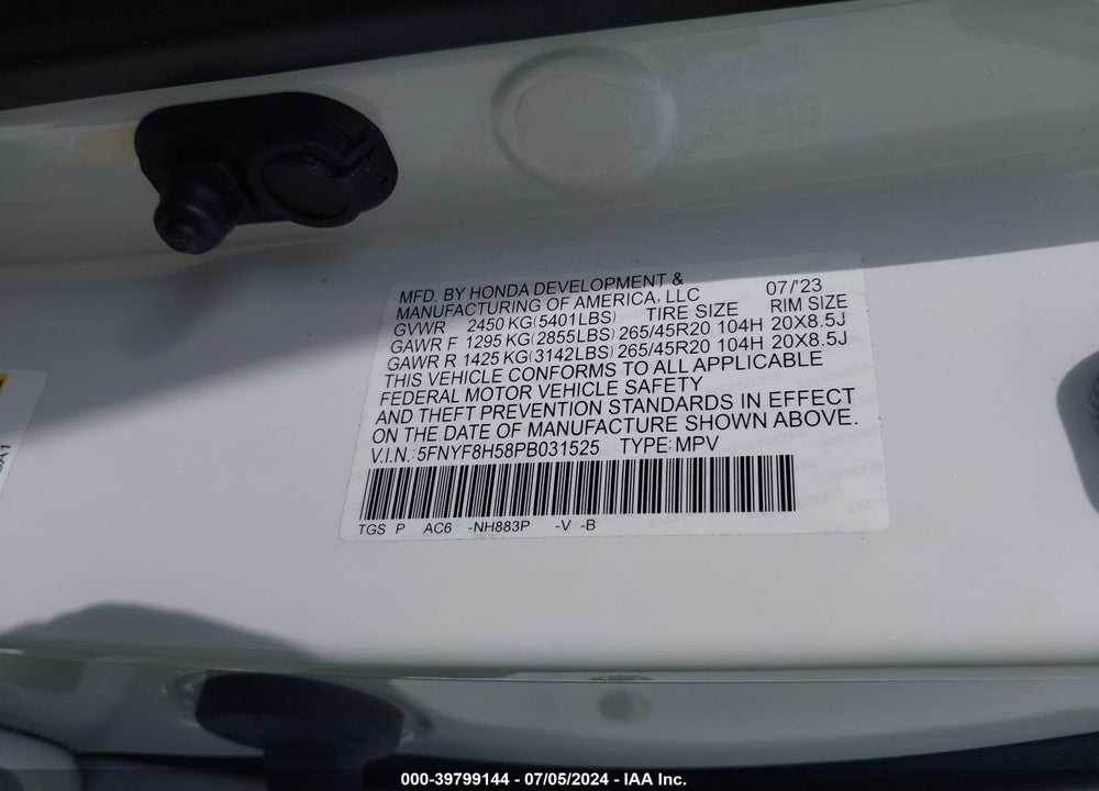 2023 HONDA PASSPORT AWD EX-L VIN: 5FNYF8H58PB031525