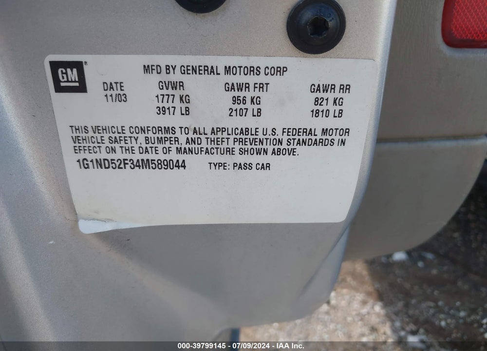 2004 CHEVROLET CLASSIC VIN: 1G1ND52F34M589044