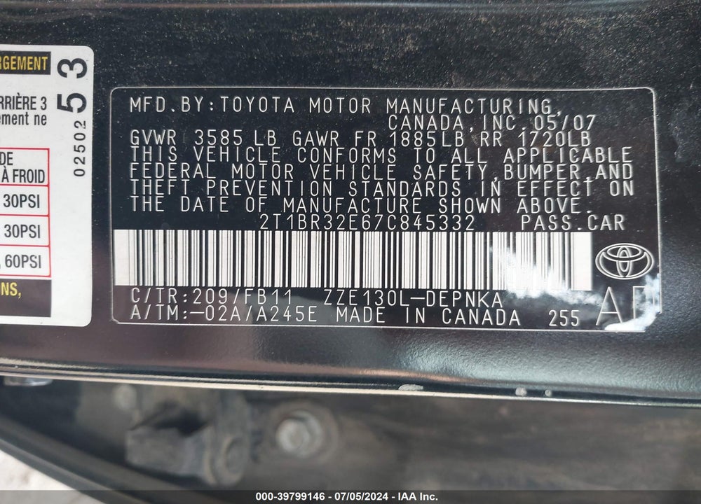 2007 TOYOTA COROLLA LE VIN: 2T1BR32E67C845332