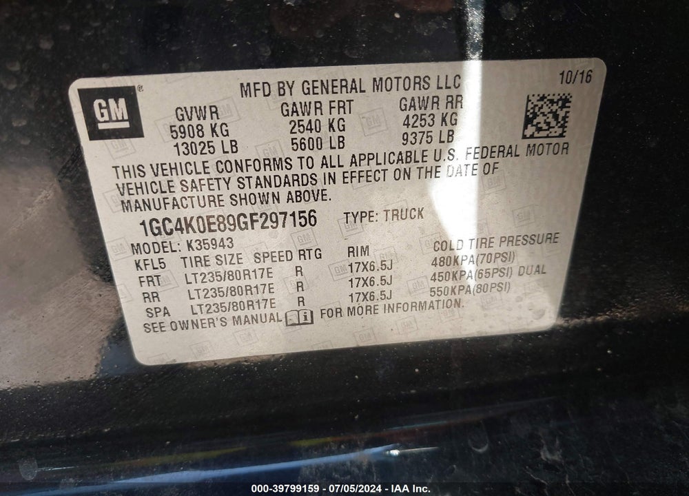 2016 CHEVROLET SILVERADO 3500HD LTZ VIN: 1GC4K0E89GF297156
