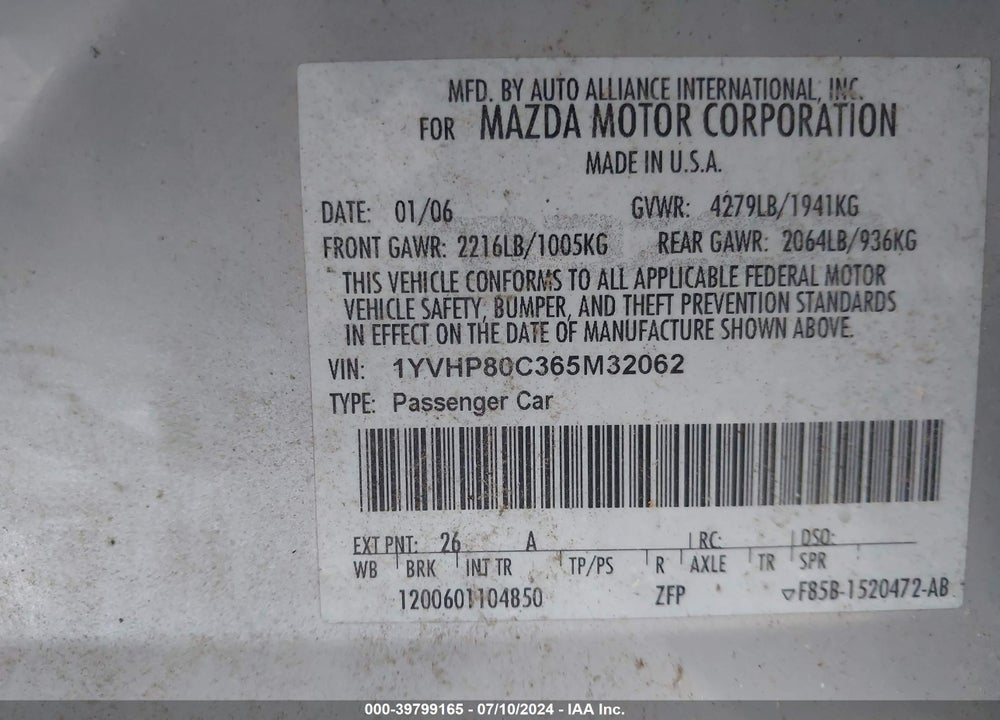 2006 MAZDA 6 I SPORT VIN: 1YVHP80C365M32062