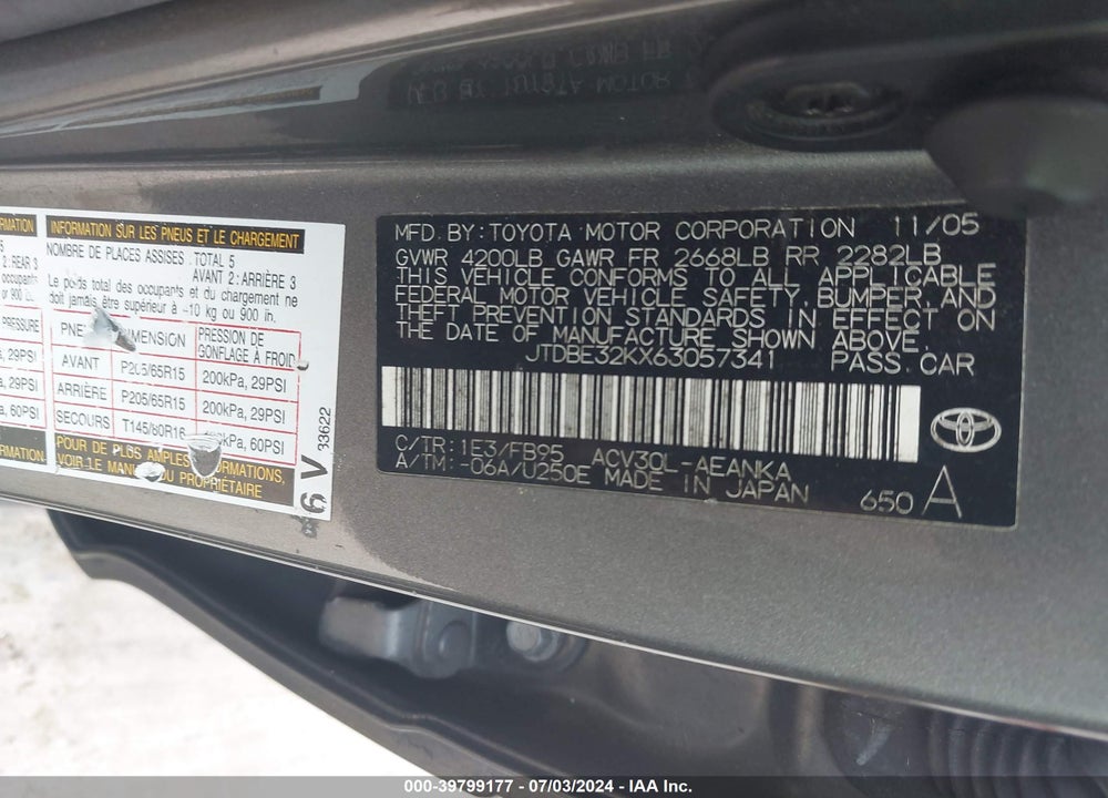 2006 TOYOTA CAMRY STD/ VIN: JTDBE32KX63057341