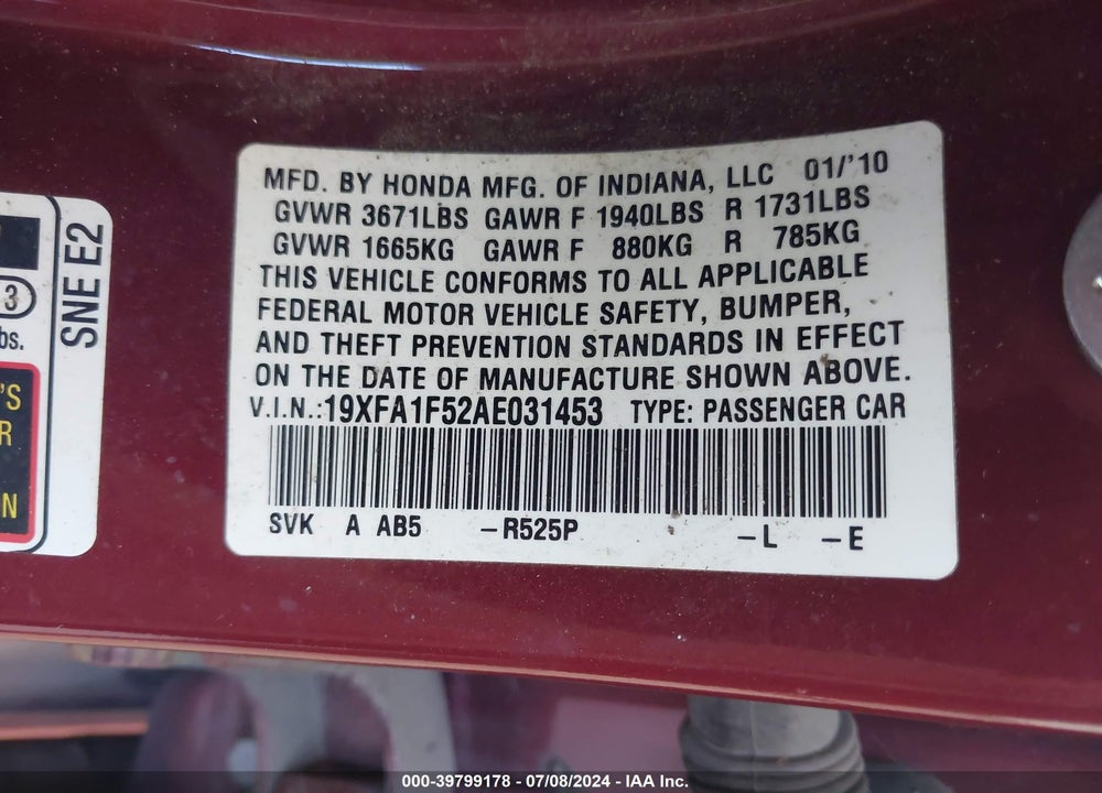 2010 HONDA CIVIC LX VIN: 19XFA1F52AE031453