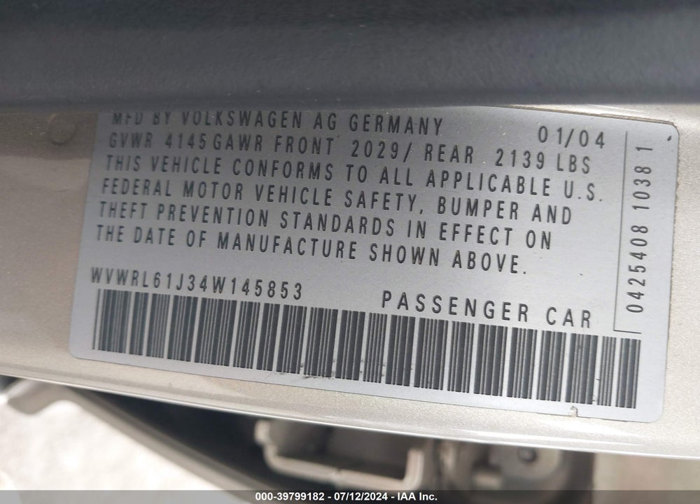 2004 VOLKSWAGEN JETTA GL VIN: WVWRL61J34W145853
