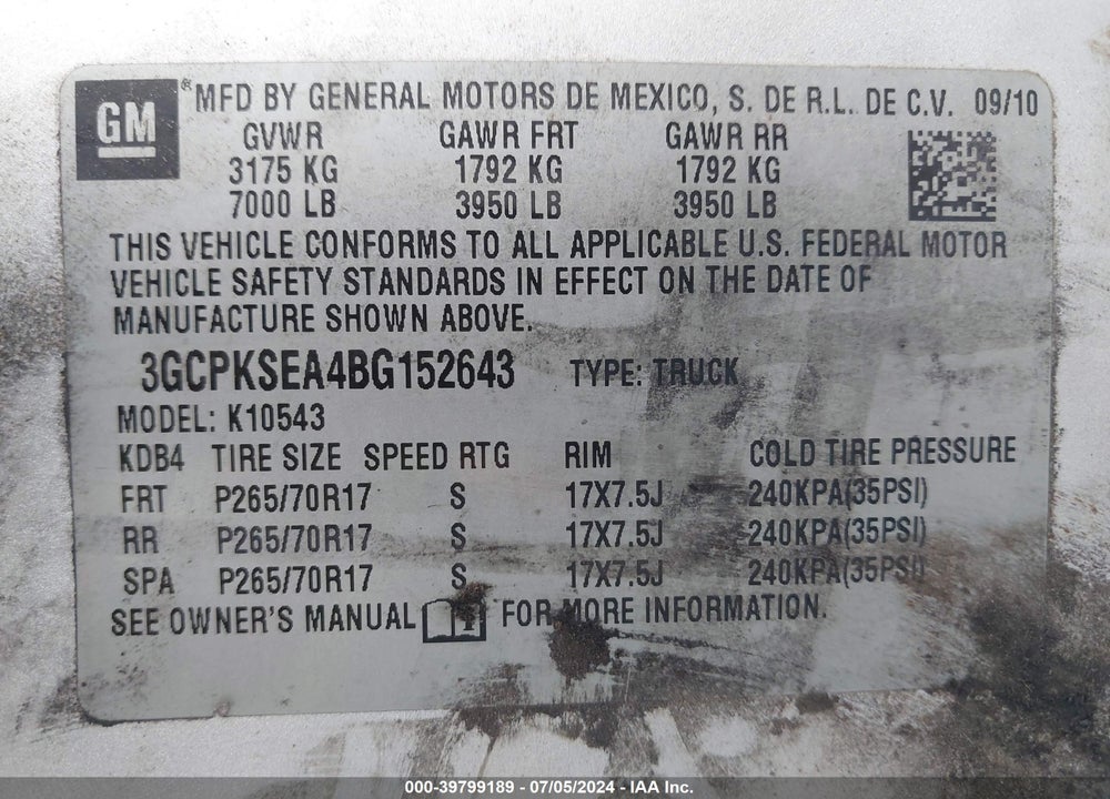2011 CHEVROLET SILVERADO 1500 LT VIN: 3GCPKSEA4BG152643