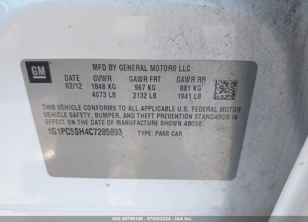 2012 CHEVROLET CRUZE LS VIN: 1G1PC5SH4C7285893