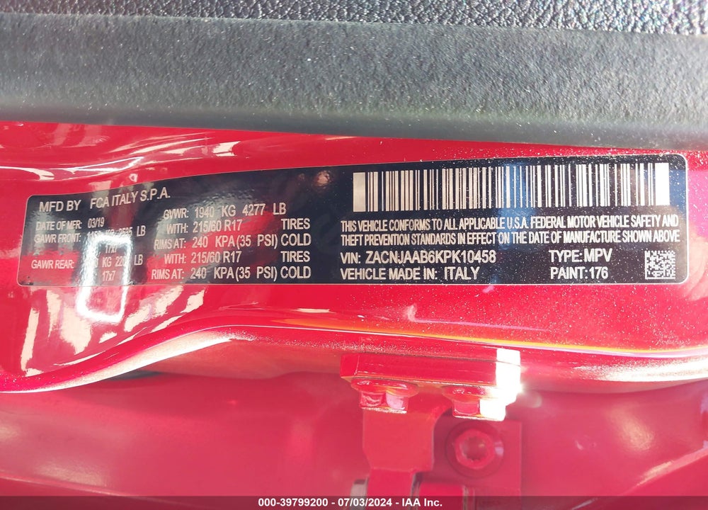 2019 JEEP RENEGADE SPORT FWD VIN: ZACNJAAB6KPK10458