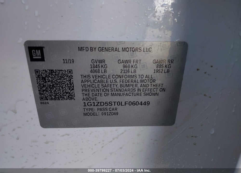 2020 CHEVROLET MALIBU FWD LT VIN: 1G1ZD5ST0LF060449
