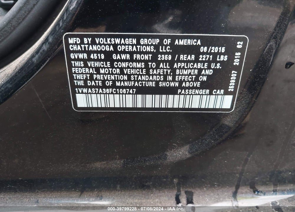 2015 VOLKSWAGEN PASSAT 1.8T LIMITED EDITION VIN: 1VWAS7A36FC106747