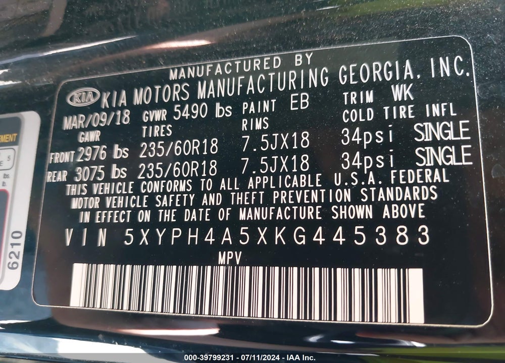 2019 KIA SORENTO 3.3L EX VIN: 5XYPH4A5XKG445383