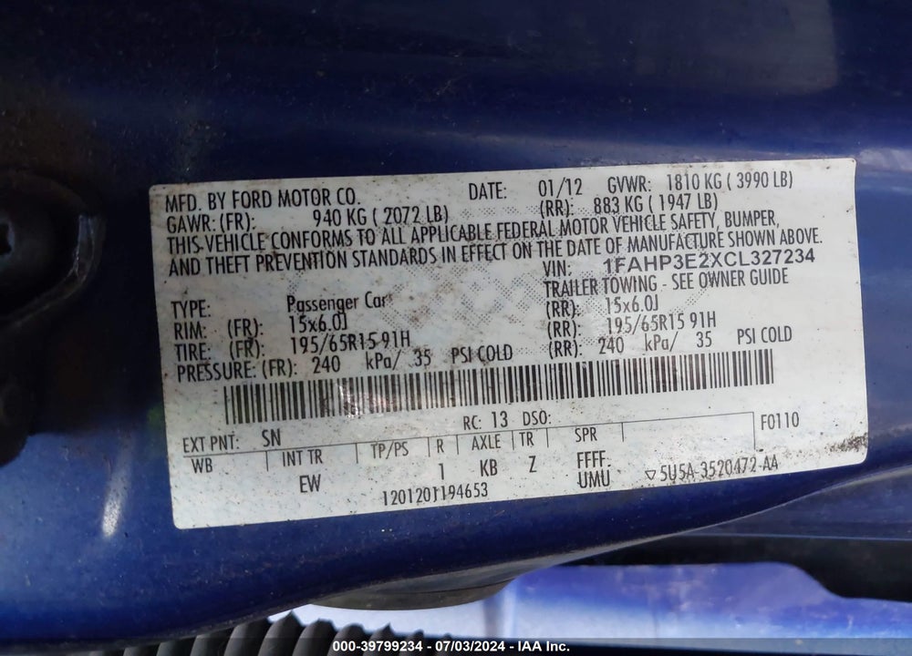 2012 FORD FOCUS S VIN: 1FAHP3E2XCL327234