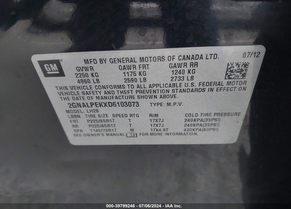 2013 CHEVROLET EQUINOX 2LT VIN: 2GNALPEKXD6103073