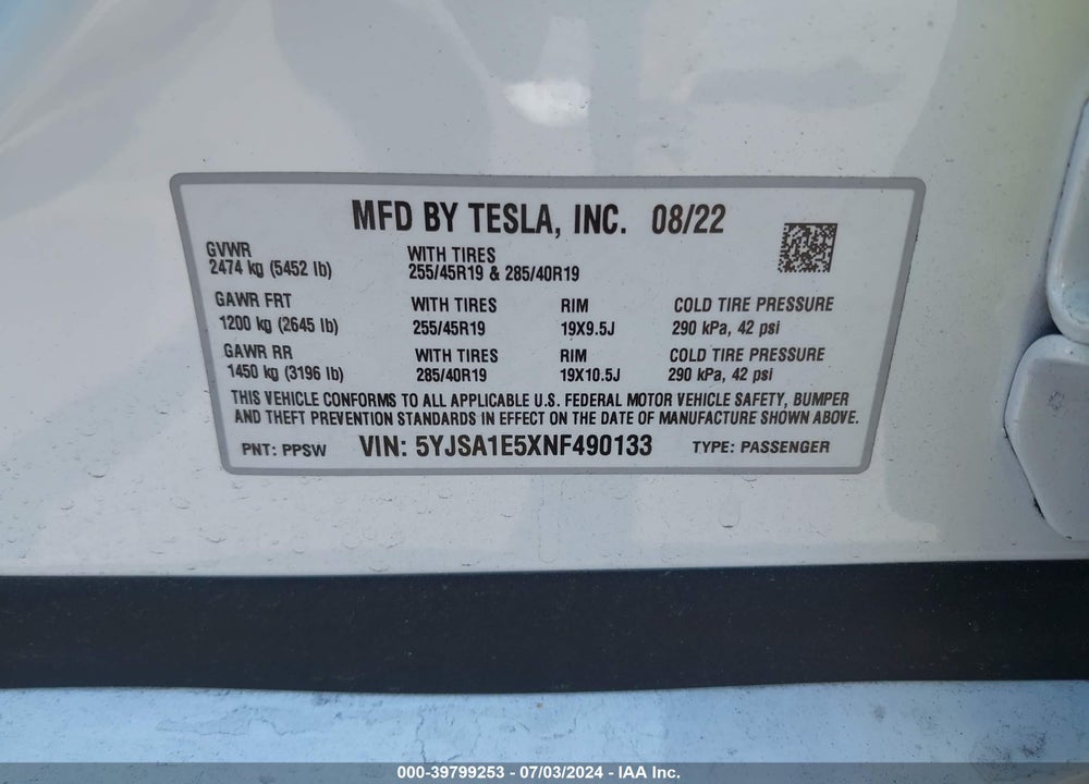2022 TESLA MODEL S DUAL MOTOR ALL-WHEEL DRIVE VIN: 5YJSA1E5XNF490133