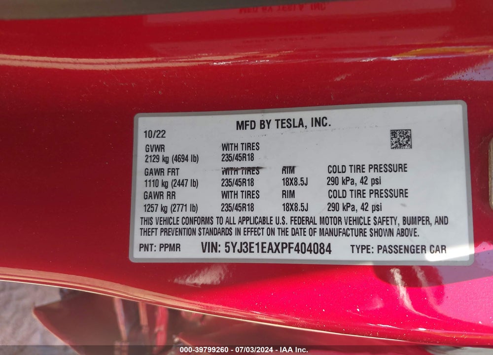 2023 TESLA MODEL 3 VIN: 5YJ3E1EAXPF404084