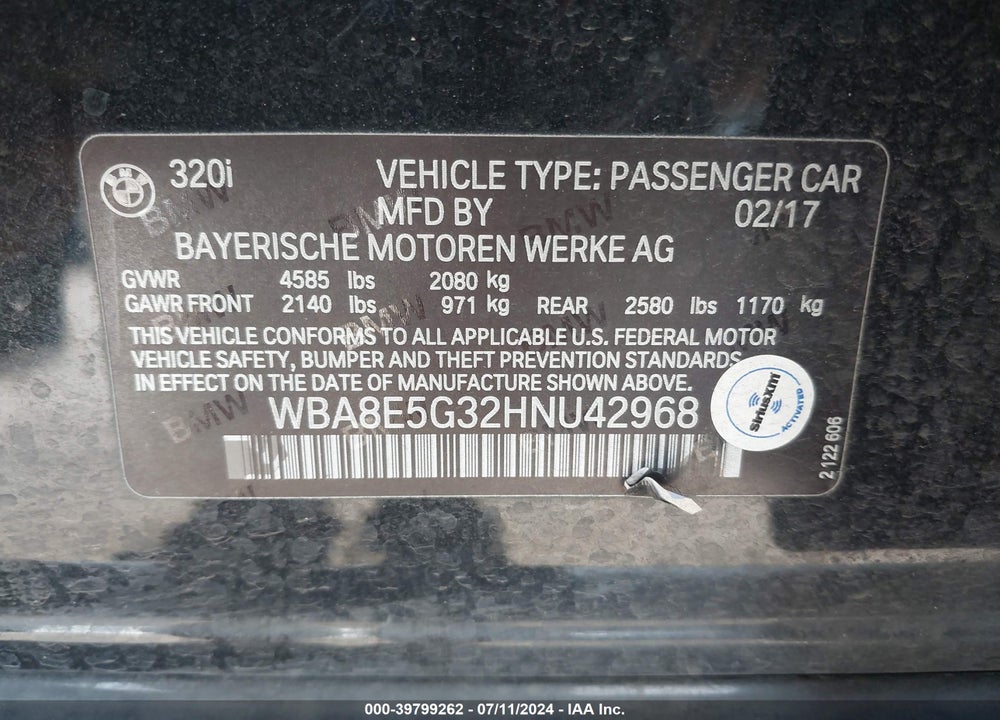 2017 BMW 320I XDRIVE VIN: WBA8E5G32HNU42968