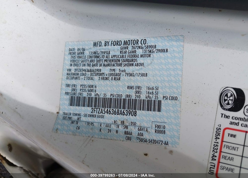 2006 FORD FREESTAR VIN: 2FTZA54636BA63908