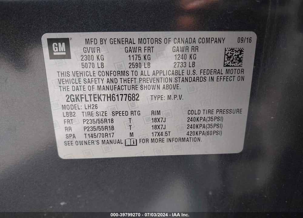 2017 GMC TERRAIN SLE-2 VIN: 2GKFLTEK7H6177682