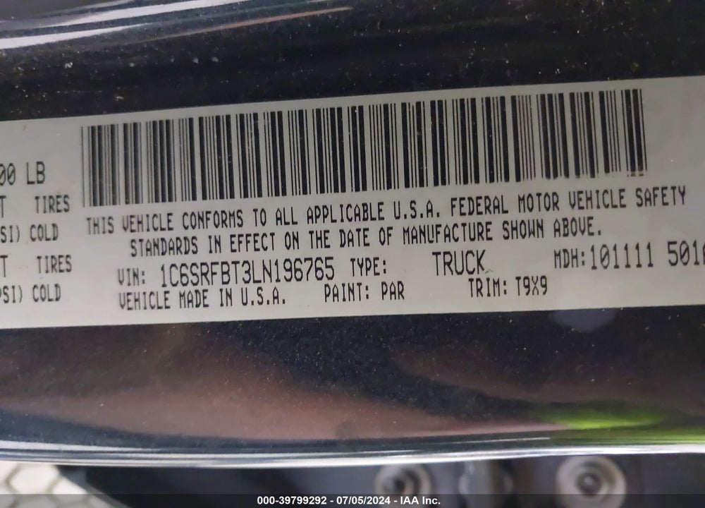 2020 RAM 1500 VIN: 1C6SRFBT3LN196765