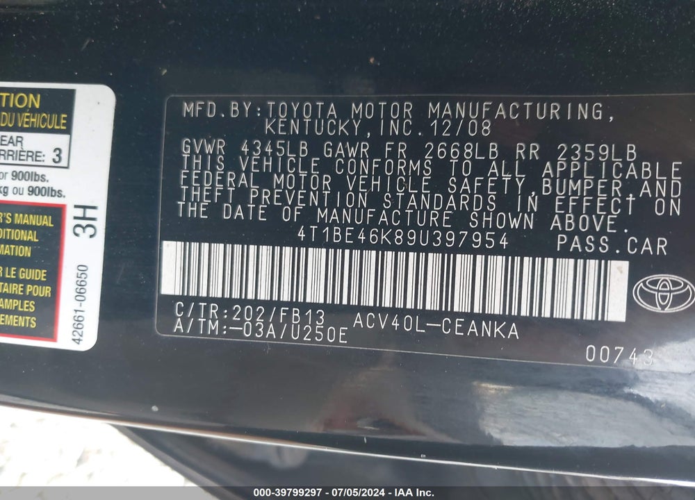 2009 TOYOTA CAMRY LE VIN: 4T1BE46K89U397954